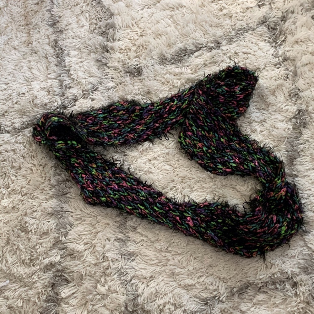 Rainbow and black fuzzy infinity scarf